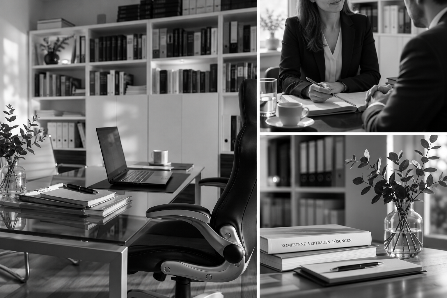 Geschäftliche Beratung und Besprechung in einem modernen Büro mit Regalen voller Bücher.