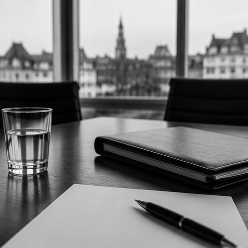 Eine Aufnahme eines Schreibtischs mit einem Glas Wasser, einem Notizbuch und einem Stift, vor dem Hintergrund eines großen Fensters mit Blick auf eine
