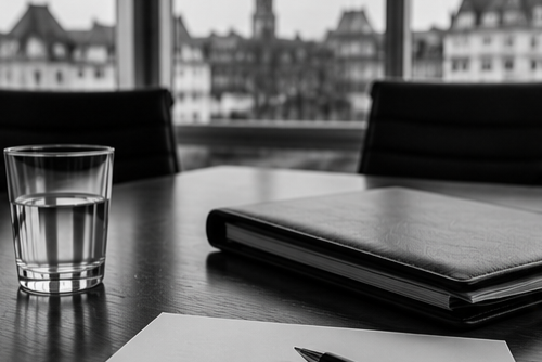 Eine Aufnahme eines Schreibtischs mit einem Glas Wasser, einem Notizbuch und einem Stift, vor dem Hintergrund eines großen Fensters mit Blick auf eine