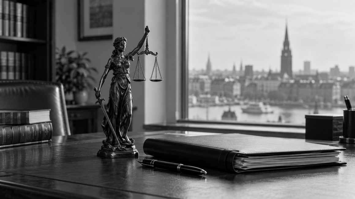 Eine Statue der Justitia neben einem Tisch mit Dokumenten und einem Blick auf eine Stadtansicht durch ein Fenster.