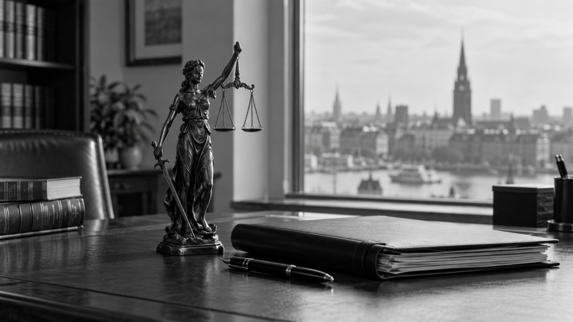 Eine Statue der Justitia neben einem Tisch mit Dokumenten und einem Blick auf eine Stadtansicht durch ein Fenster.