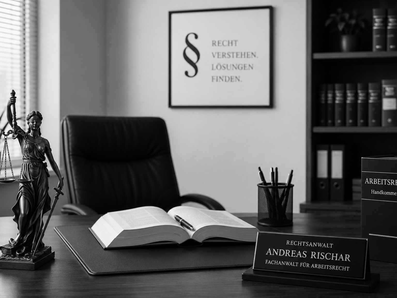 Eine schwarze Skulptur der Justitia steht neben einem Tisch mit offenen Büchern und einem Schild, das einen Anwalt bewirbt.