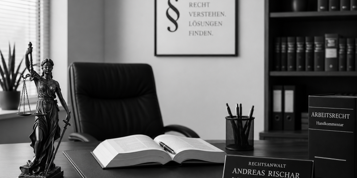Eine schwarze Skulptur der Justitia steht neben einem Tisch mit offenen Büchern und einem Schild, das einen Anwalt bewirbt.