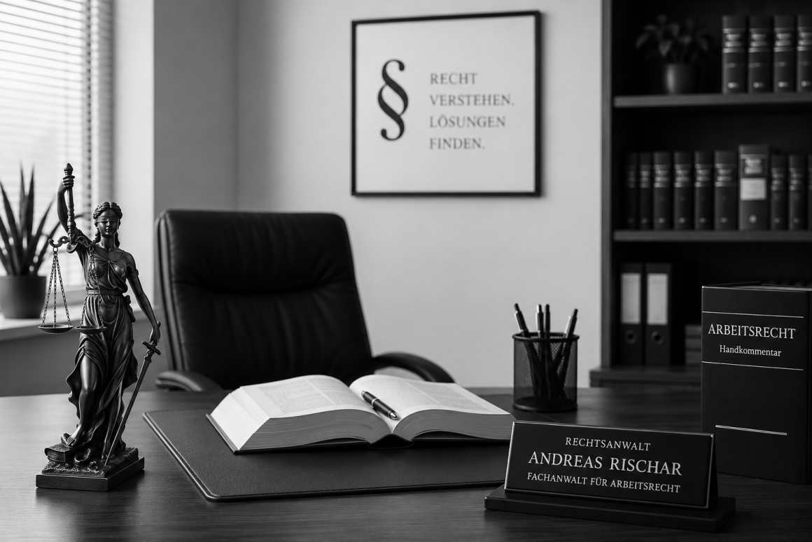 Eine schwarze Skulptur der Justitia steht neben einem Tisch mit offenen Büchern und einem Schild, das einen Anwalt bewirbt.