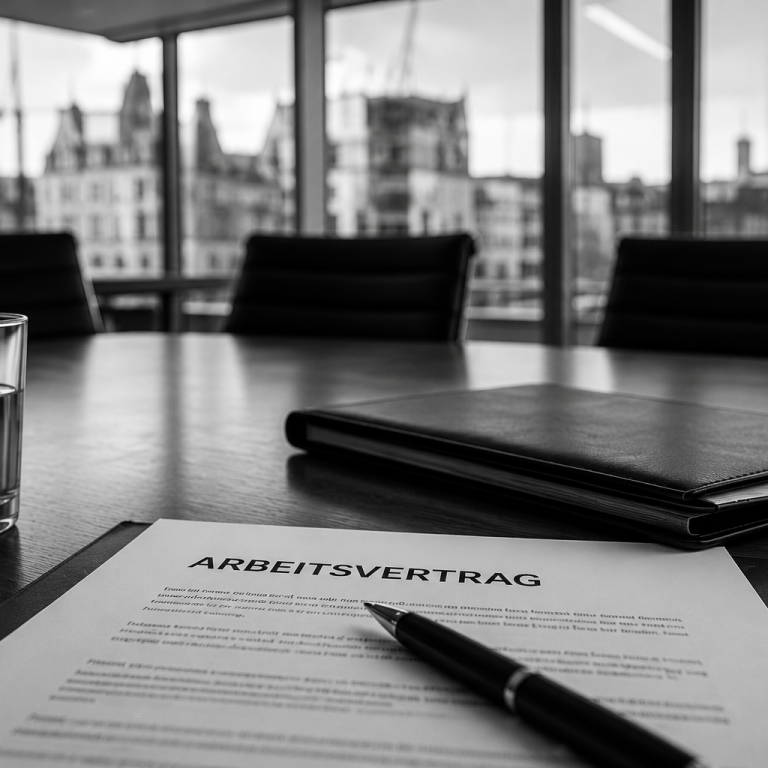 Ein Tisch mit einem ausgebreiteten Arbeitsvertrag, einem Stift und einem Wasserglas vor dem Hintergrund einer städtischen Panoramaansicht.