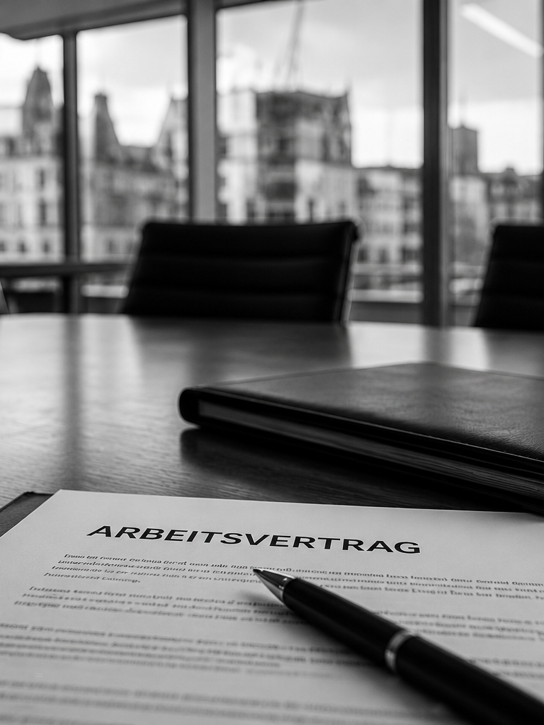 Ein Tisch mit einem ausgebreiteten Arbeitsvertrag, einem Stift und einem Wasserglas vor dem Hintergrund einer städtischen Panoramaansicht.