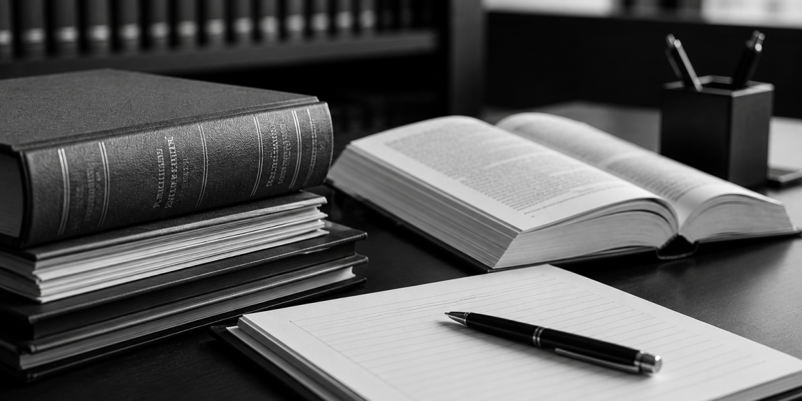 Schwarz-weißes Stillleben mit Büchern, Notizmaterialien und einem Stift auf einem Schreibtisch.