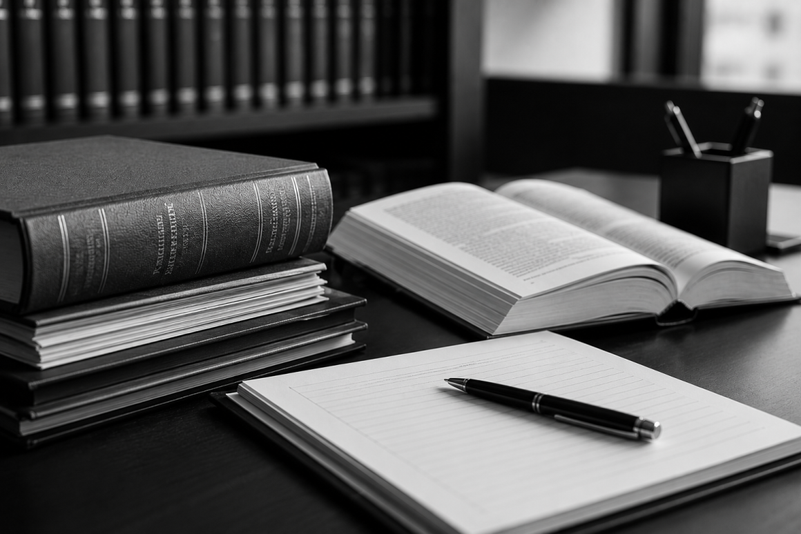 Schwarz-weißes Stillleben mit Büchern, Notizmaterialien und einem Stift auf einem Schreibtisch.