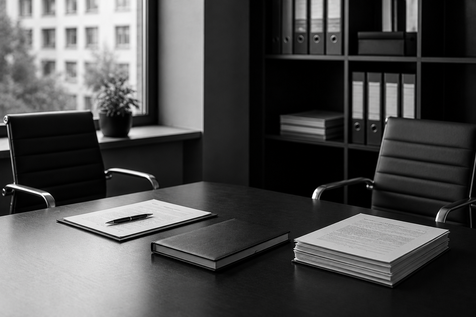 Ein schwarzer Schreibtisch mit Notizmaterial, einem Buch und einem Stapel Dokumente in einem professionellen Büro, dessen Hintergrund von einem Bücher