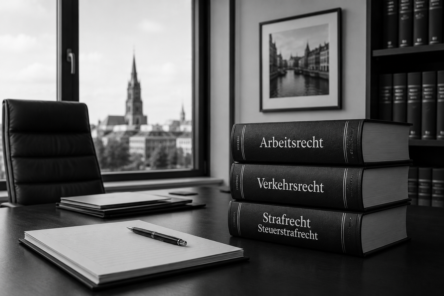 Schwarze und weiße Fotografie eines Schreibtisches mit Rechtsbüchern und einem Fensterblick auf eine Stadt.