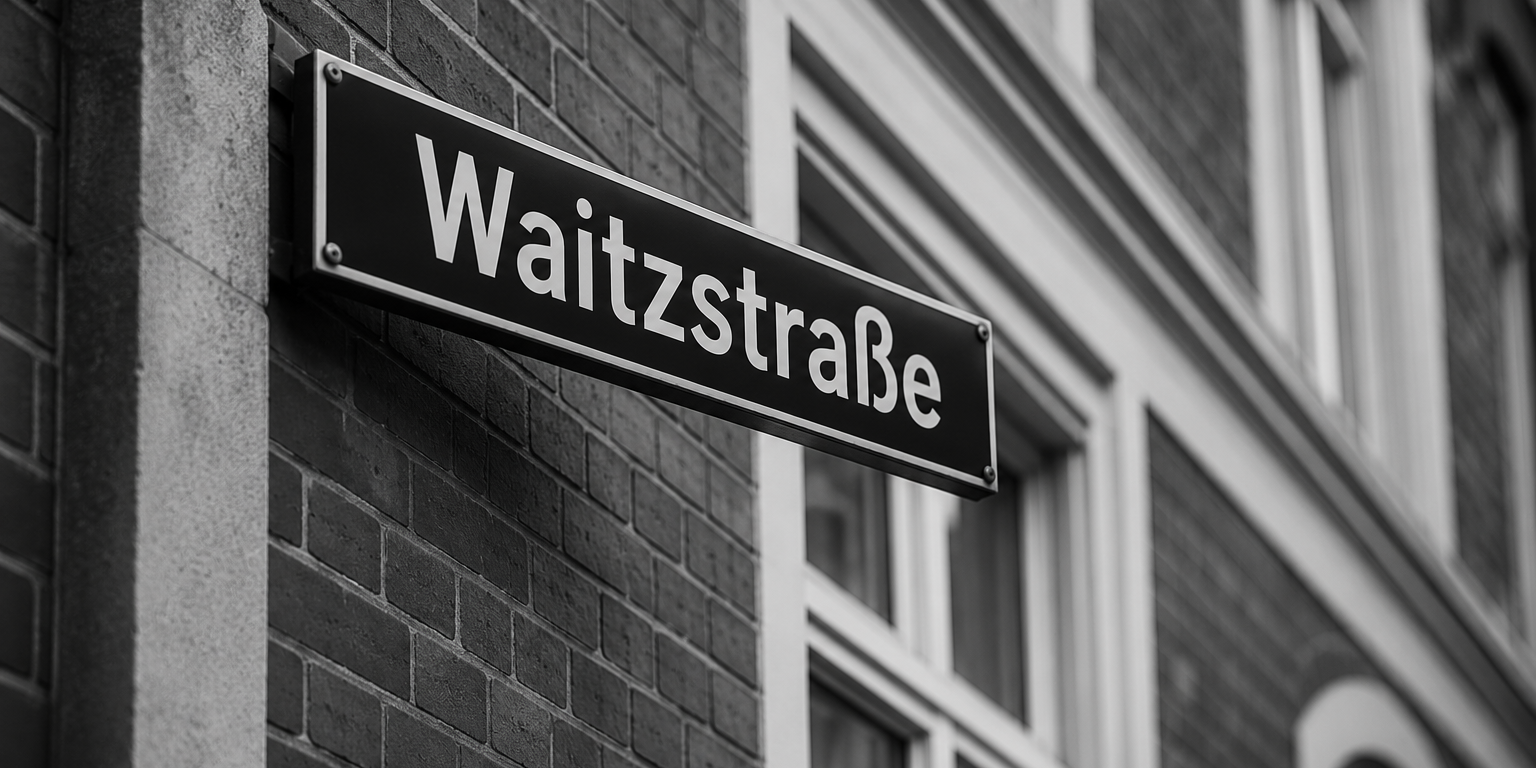 Straßenschild mit der Aufschrift Waitzstraße an einer Backsteinwand