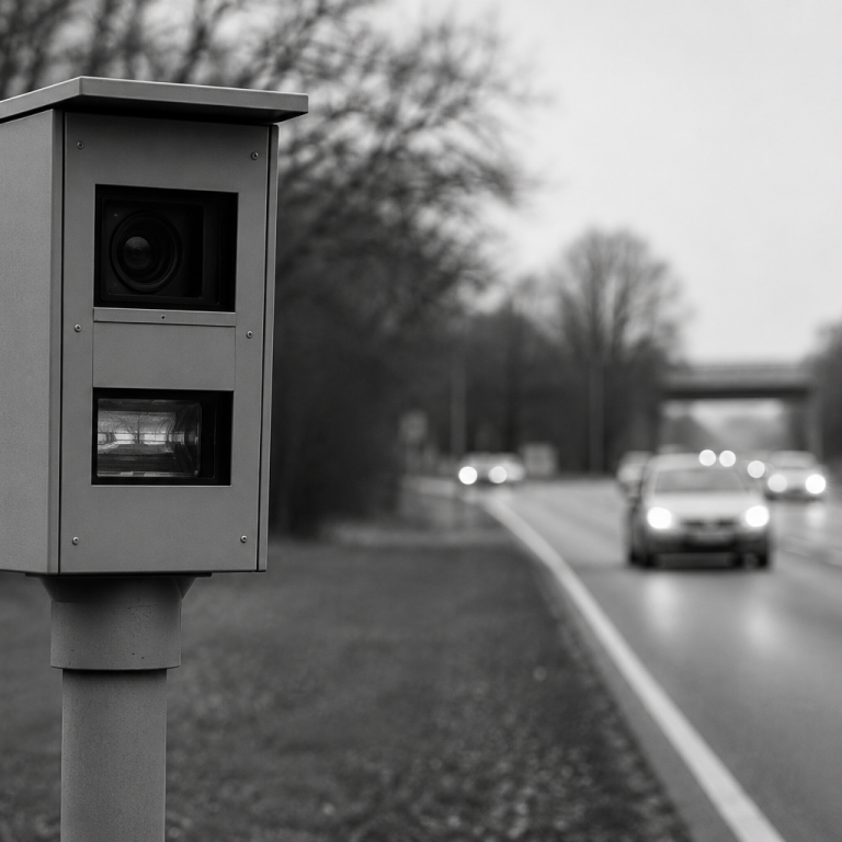 Verkehrskamera an einem Pfosten, die auf eine Straße mit vorbeifahrenden Autos im Hintergrund blickt.