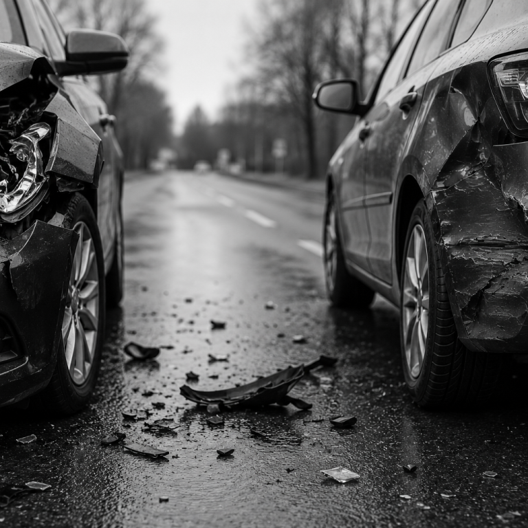 Zwei stark beschädigte Autos stehen auf einer nassen, unübersichtlichen Straße.