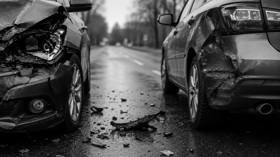 Zwei stark beschädigte Autos stehen auf einer nassen, unübersichtlichen Straße.