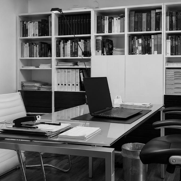 Ein professioneller Arbeitsbereich mit Schreibtisch, Laptop und vollgestopften Bücherregalen.