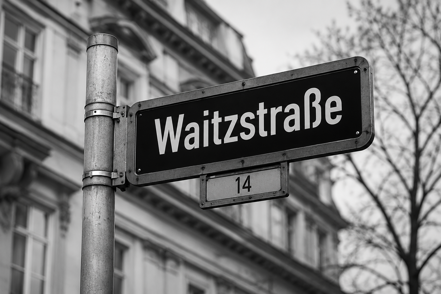 Ein Straßenschild mit der Aufschrift Waitzstraße und der Hausnummer 14, montiert an einem Pfosten vor einem Gebäude.