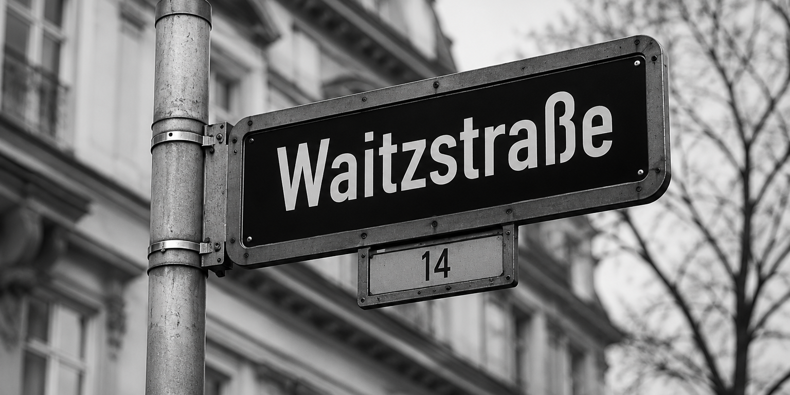 Ein Straßenschild mit der Aufschrift Waitzstraße und der Hausnummer 14, montiert an einem Pfosten vor einem Gebäude.
