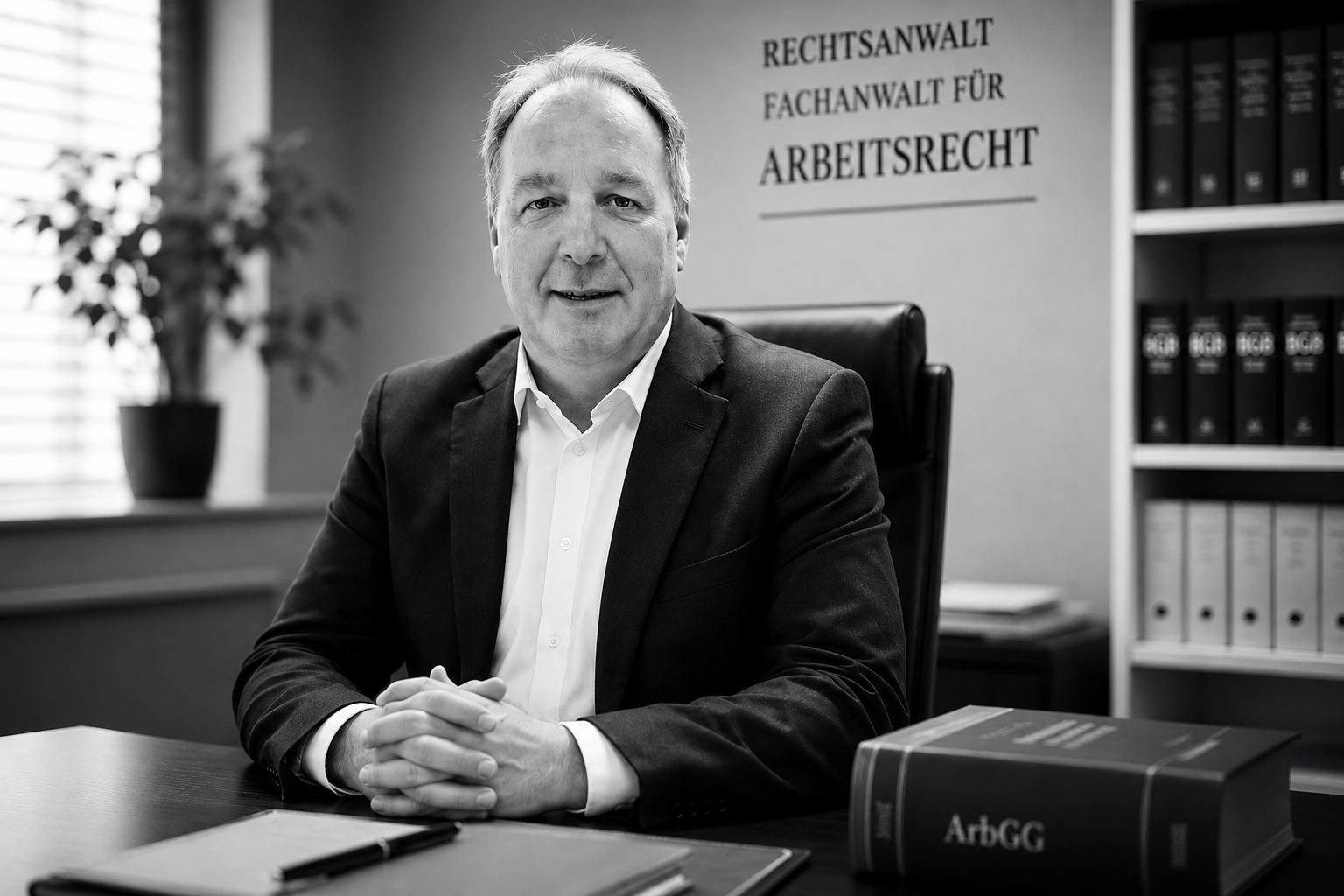 Ein seriös gekleideter Anwalt sitzt an einem Schreibtisch in einem Büro, das mit juristischen Büchern ausgestattet ist.
