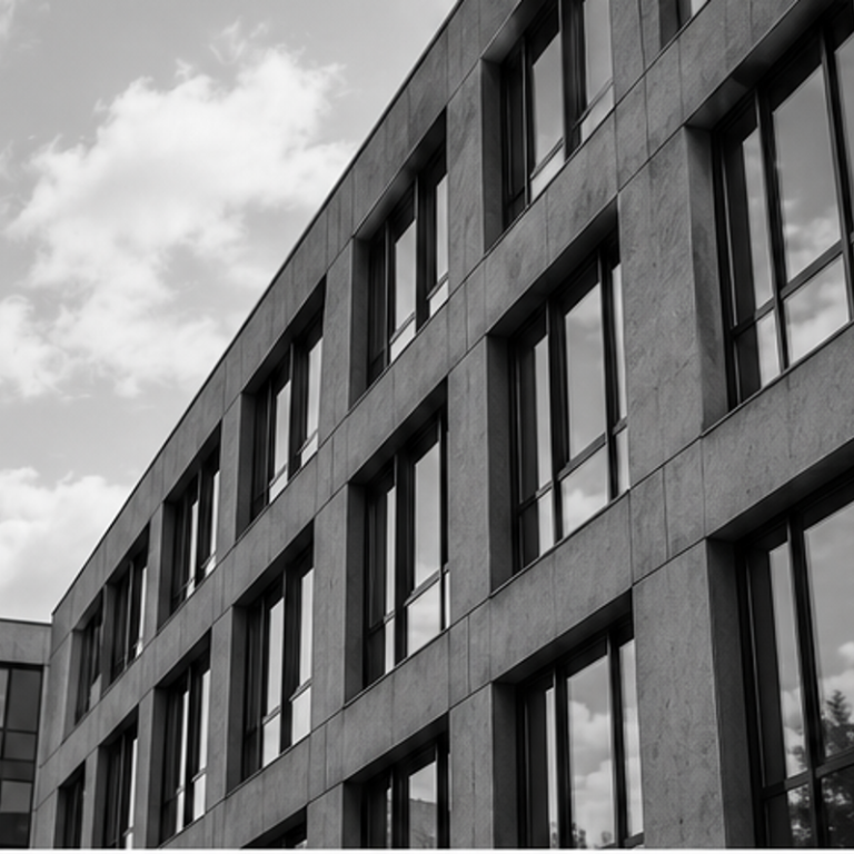 Schwarzweißaufnahme der Fassade eines modernen Bürogebäudes neben einem Baum unter bewölktem Himmel