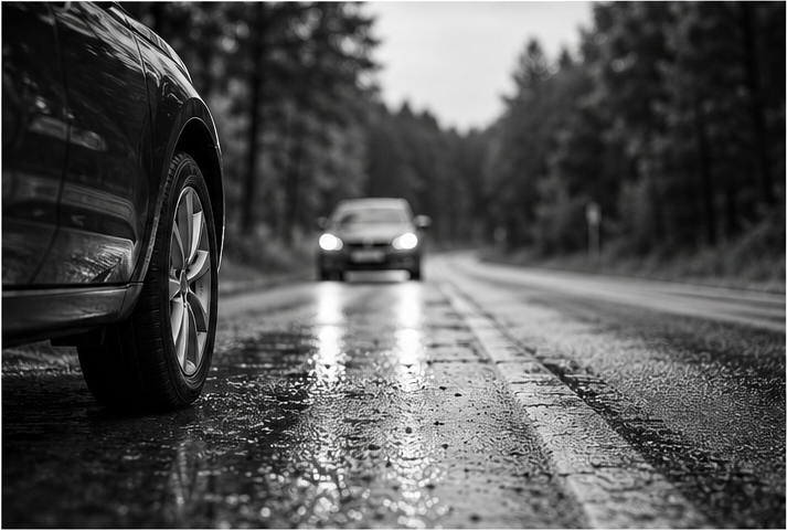 Eine Schwarz-Weiß-Aufnahme des Profils eines Autos auf einer nassen Straße mit einem Wald im Hintergrund.