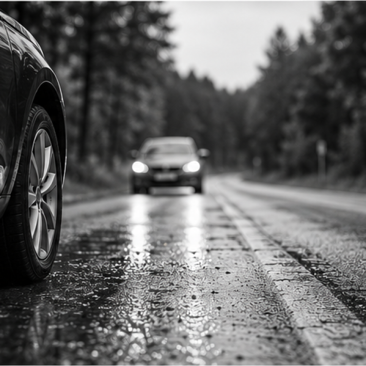 Eine Schwarz-Weiß-Aufnahme des Profils eines Autos auf einer nassen Straße mit einem Wald im Hintergrund.