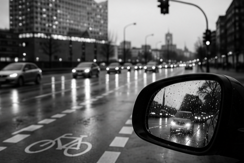 Schwarzweißaufnahme einer nassen Großstadtstraße, die durch einen großen Gebäudekomplex im Hintergrund und die spiegelnden Reflexionen in der Fahrbahn