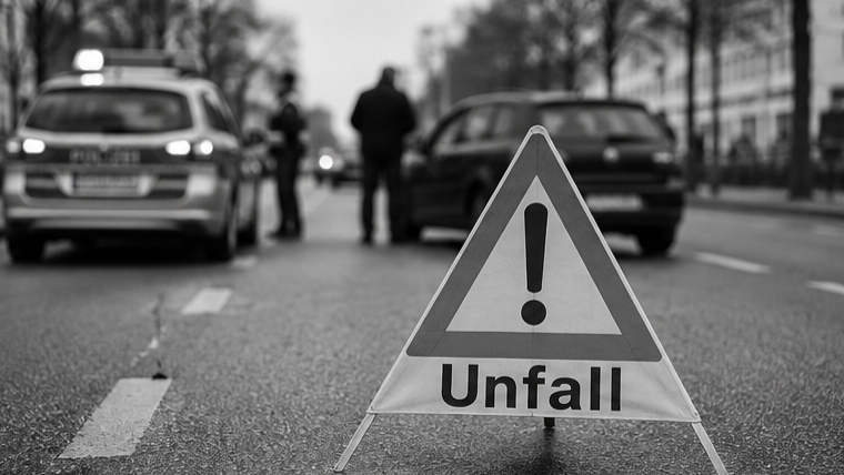 Ein dreieckiges Verkehrswarnschild mit der Aufschrift Unfall steht auf einer Straße, hinter dem Schild sind mehrere Fahrzeuge zu sehen.