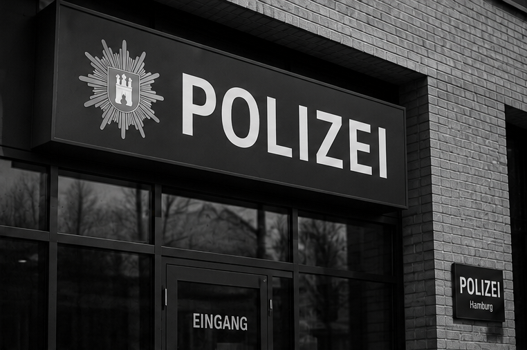 Großes Schild mit der Aufschrift POLIZEI und Eingangsbereich einer Polizeistation.